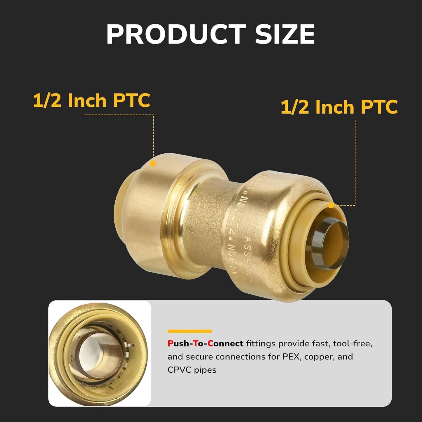 12 Pack 1/2" Pushfit Straing Coupling, Pex Fitting for Copper, CPVC Pipe, Brass Push to Connect Plumbing Fitting with Upgraded Stiffener