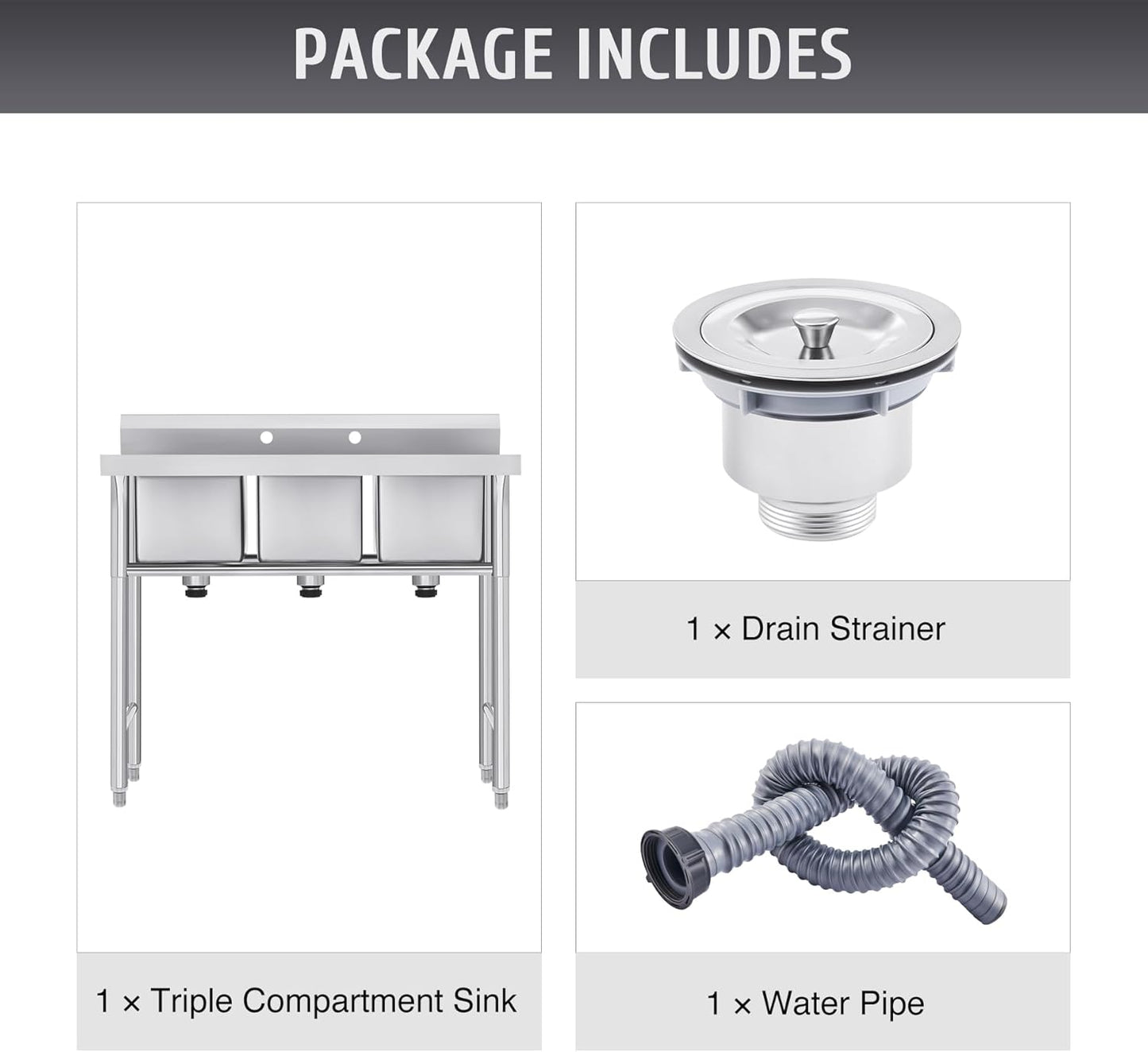 WILPREP Stainless Steel 3 Compartment Commercial Sink with s, Kitche Station with 11x10 Inch Basins, Utility Sink for Restaurant Bar Home Laundry Room Garage