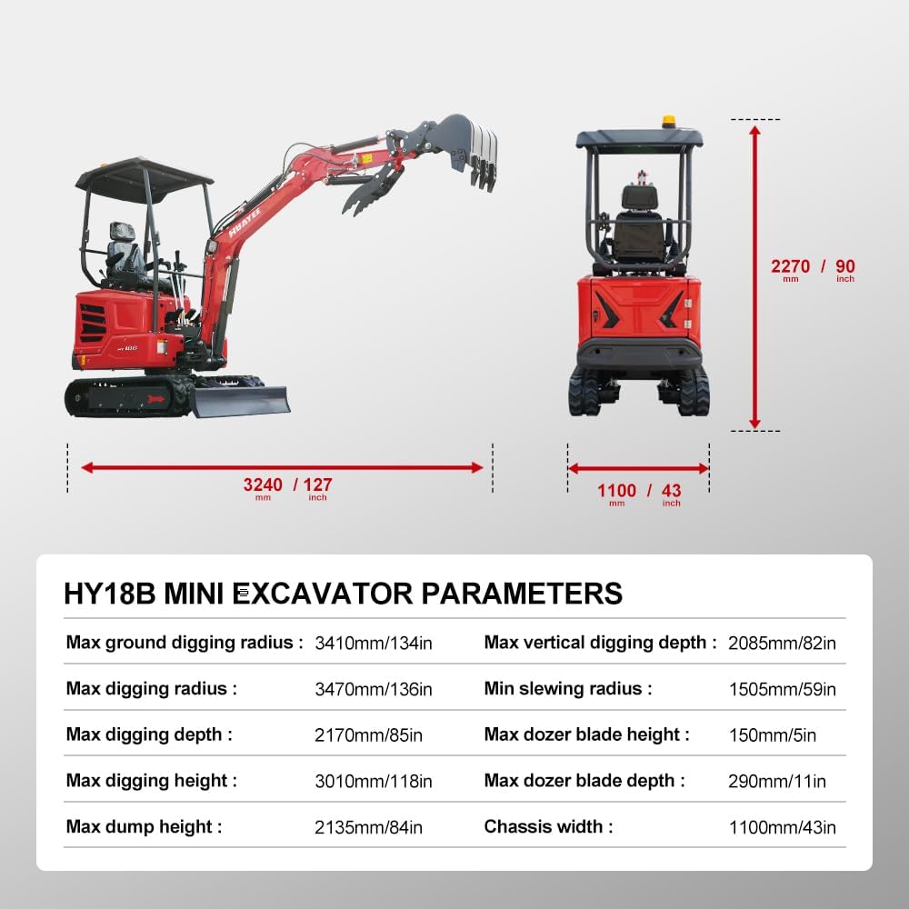 HY18B 2T Mini Excavator, KubotaDiesel 14HP, w/Pilot Controls Side Swing Boom for Construction Landscaping, Includes Hydraulic Thumb & Semi-Auto Quick Coupler, Includes delivery & unloading services