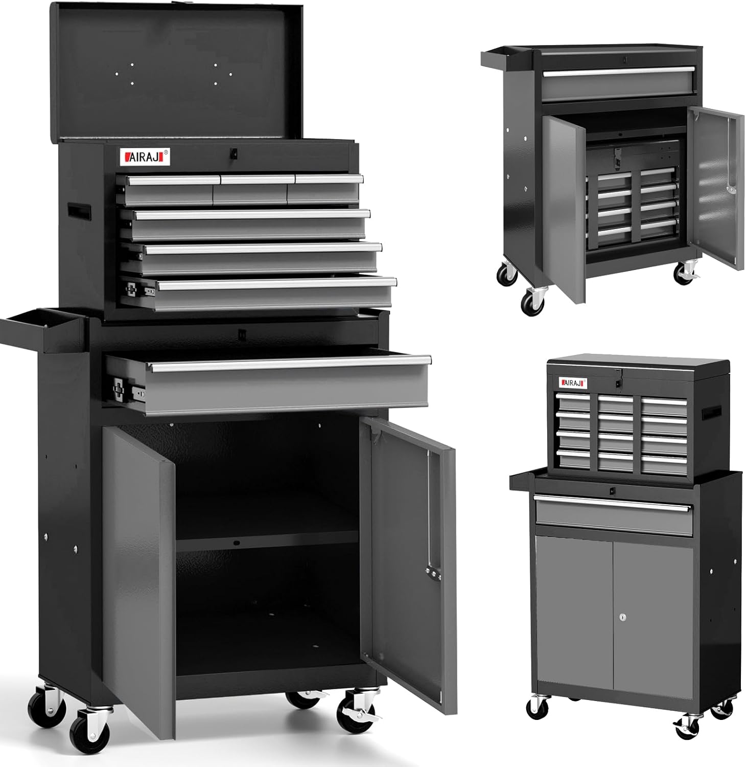 Tool Chest 7-Drawer | 40'' H Rolling Tool Chest with Wheels | Detachable Top Metal Tool Box | Garage Storage Cabinet for Repair Room,Warehouse | Rolling Tool Box with Hooks,Liners,Tray Divider | Black