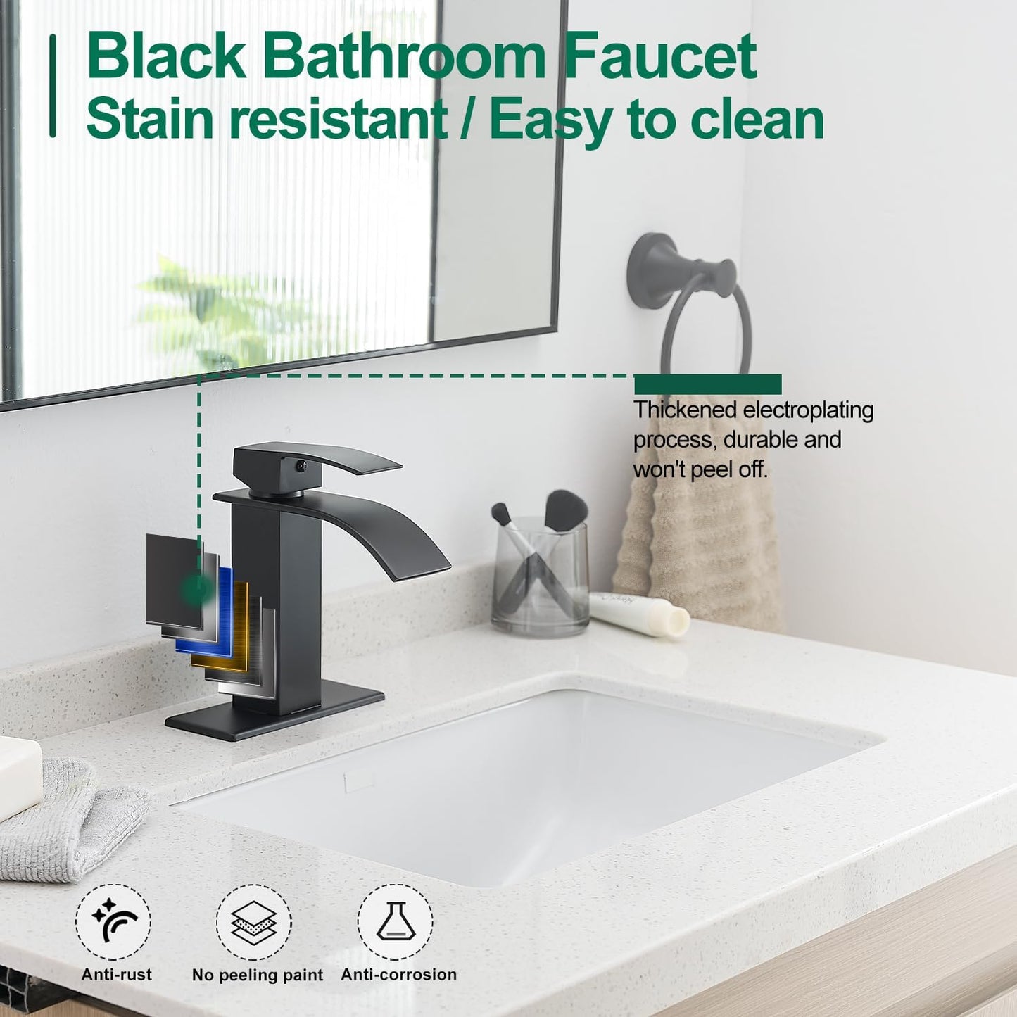 VOTON Black Bathroom Faucets Modern Waterfall Bathroom Sink Faucet Matte Black Single Handle Bathroom Faucet for 1 or 3 Holes with Deck Plate and Pop-Up Drain, Rv Sink Camper Farmhouse Bathroom Faucet