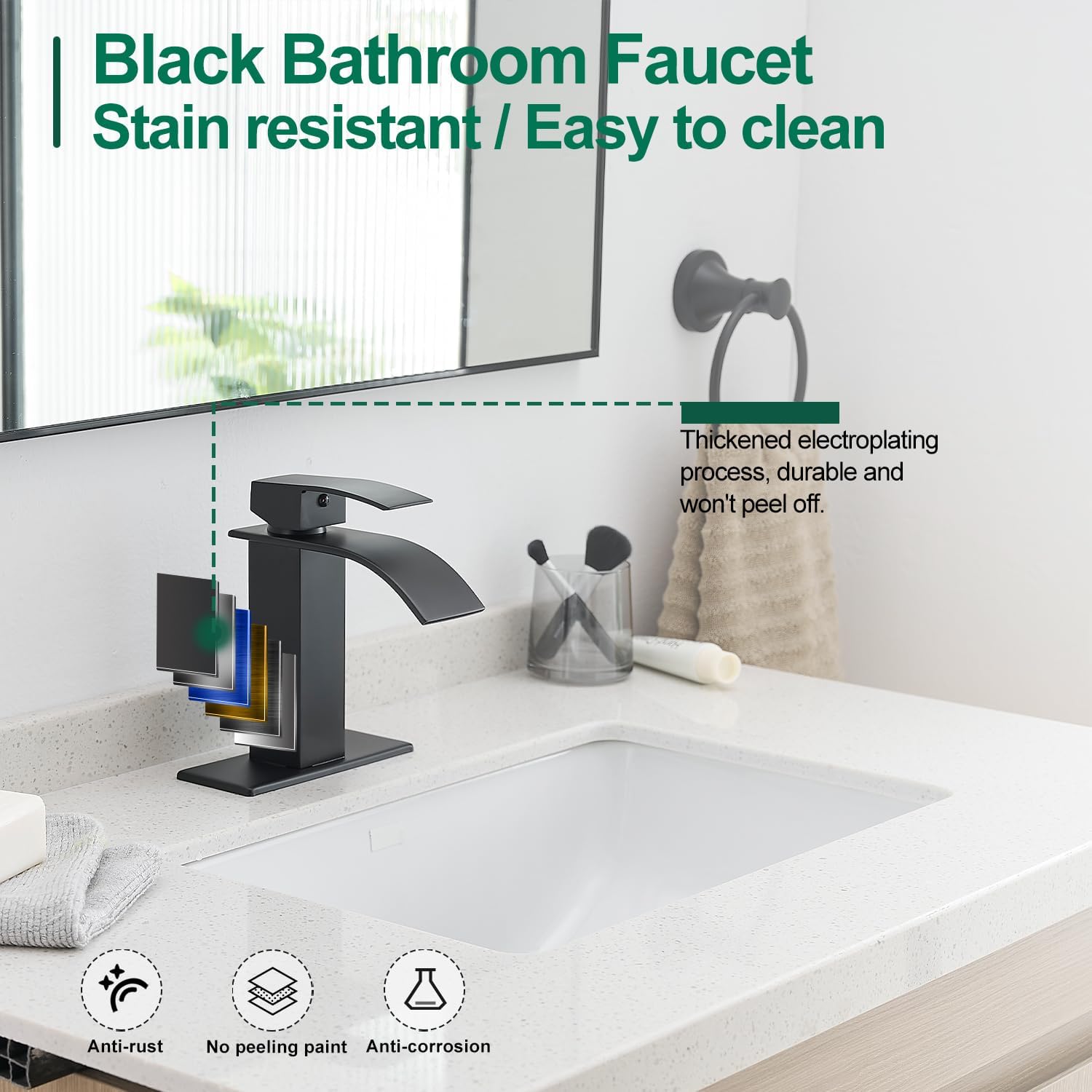 VOTON Black Bathroom Faucets Modern Waterfall Bathroom Sink Faucet Matte Black Single Handle Bathroom Faucet for 1 or 3 Holes with Deck Plate and Pop-Up Drain, Rv Sink Camper Farmhouse Bathroom Faucet