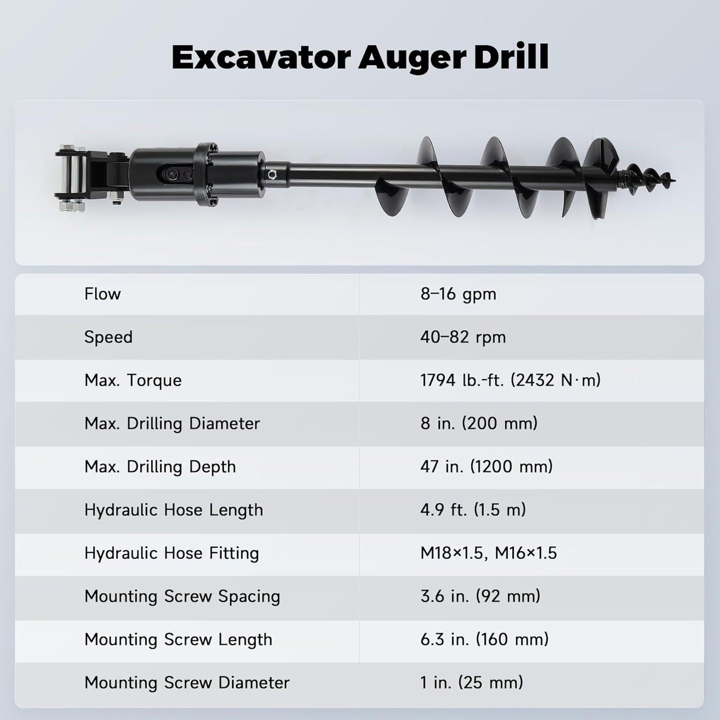 AHM Auger Drill Attachment for Mini Excavator, Hydraulic Mini Excavator Attachment with 2 Hydraulic Hoses, 8" Diameter 47" Depth, Mini Excavator Earth Auger Drive for Drilling Digging Planting
