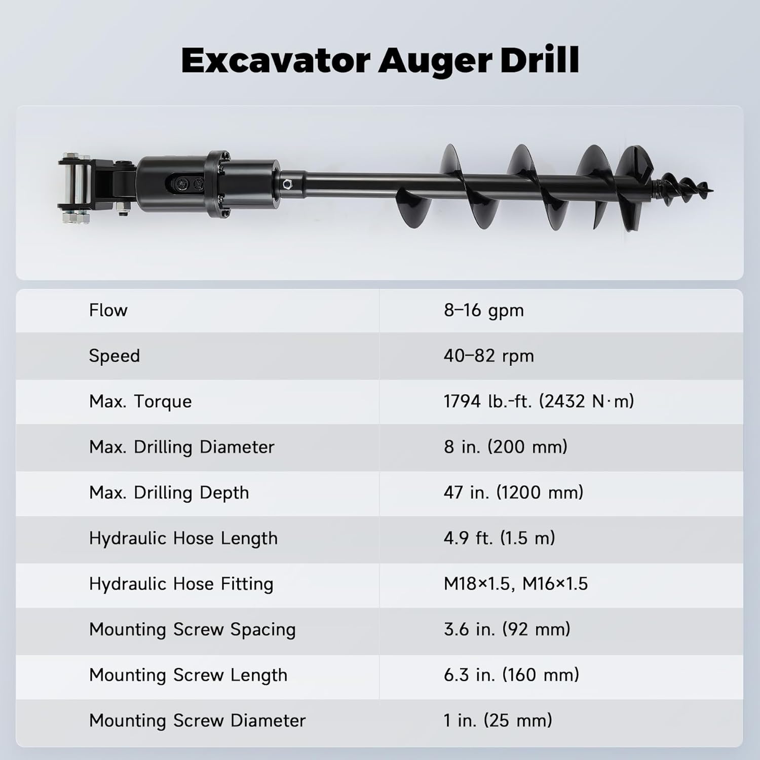 AHM Auger Drill Attachment for Mini Excavator, Hydraulic Mini Excavator Attachment with 2 Hydraulic Hoses, 8" Diameter 47" Depth, Mini Excavator Earth Auger Drive for Drilling Digging Planting