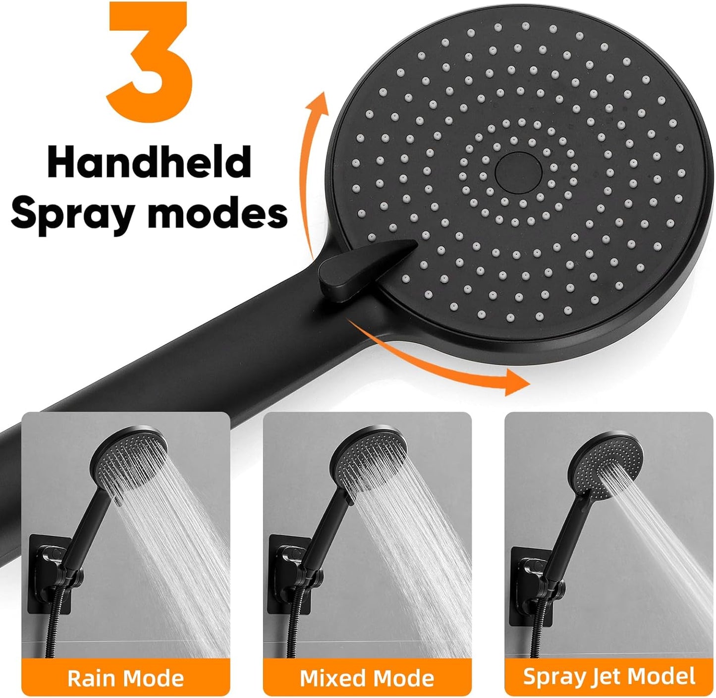 Shower Head Black 10 Inch High Pressure Rain Shower Head with Handheld Spray Combo Adjustable Dual Rainfall Shower Head - Showerhead Comb Set with Extension Arm - 60 Inch Long Shower Hose