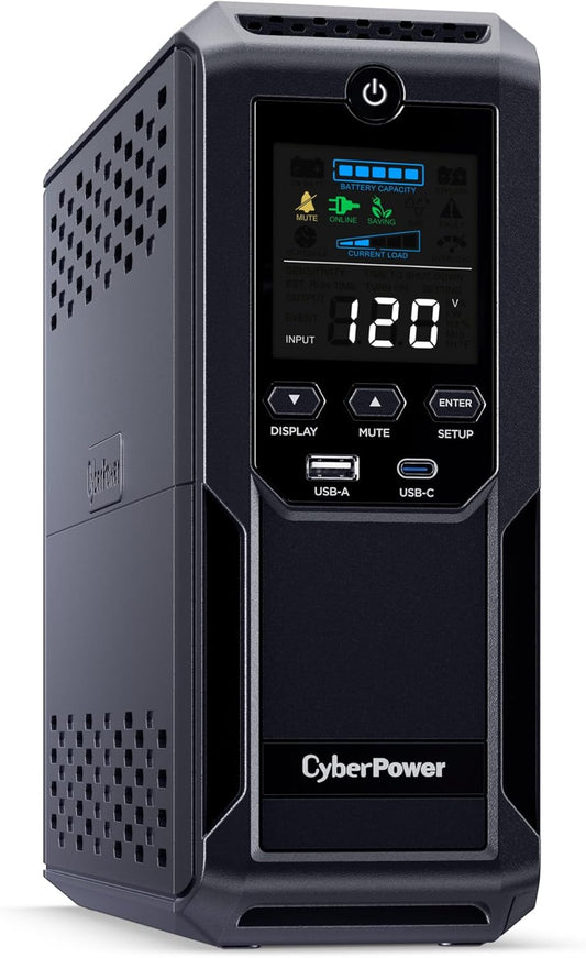 CyberPower CP1500AVRLCD3 Intelligent LCD UPS System, 1500VA/900W, 12 Outlets, 2 USB Ports, AVR, Mini Tower, Black