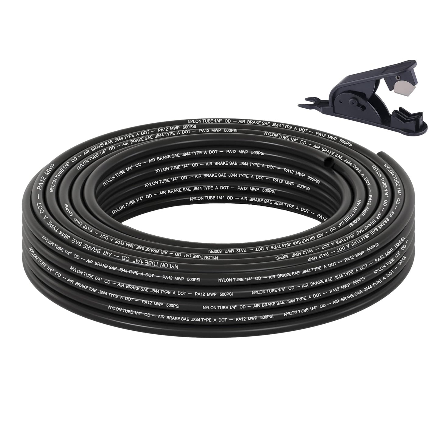 50FT 1/4 DOT Air Line SAE J844 PA12 Nylon Air Hose with Cutter 1/4” OD Pneumatic Tubing DOT Approved 1/4 Air Brake Hose for Air Suspension Kit Truck Trailer Brake System & Fluid Transfer 15.5m