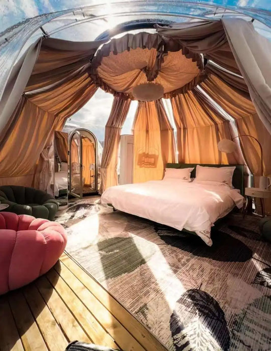 Modern Prefab Dome Home Luxury Outdoor Round Daybed with Arched Metal Canopy, Deck Lounge Furniture, Black Steel Frame, Resort Style Patio Seating