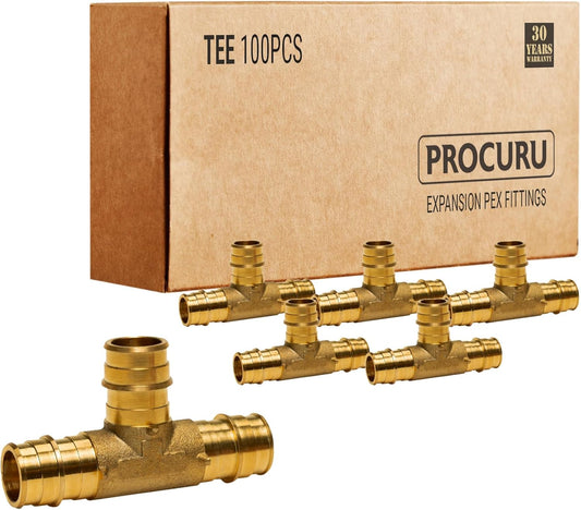 [100-Pack] PROCURU Wholesale 3/4-Inch Brass PEX-A Tee for F1960 Expansion PEX-A Pipe, Without Rings (8ABTE0034-100P)