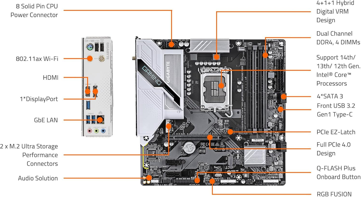 GIGABYTE B760M Gaming Plus WiFi DDR4 LGA 1700 Intel B760 M-ATX Motherboard with DDR4, 2* M.2, PCIe 4.0, Front USB 3.2 Gen 1 Type-C, WiFi 6 GbE LAN, Q-Flash Plus, PCIe EZ-Latch