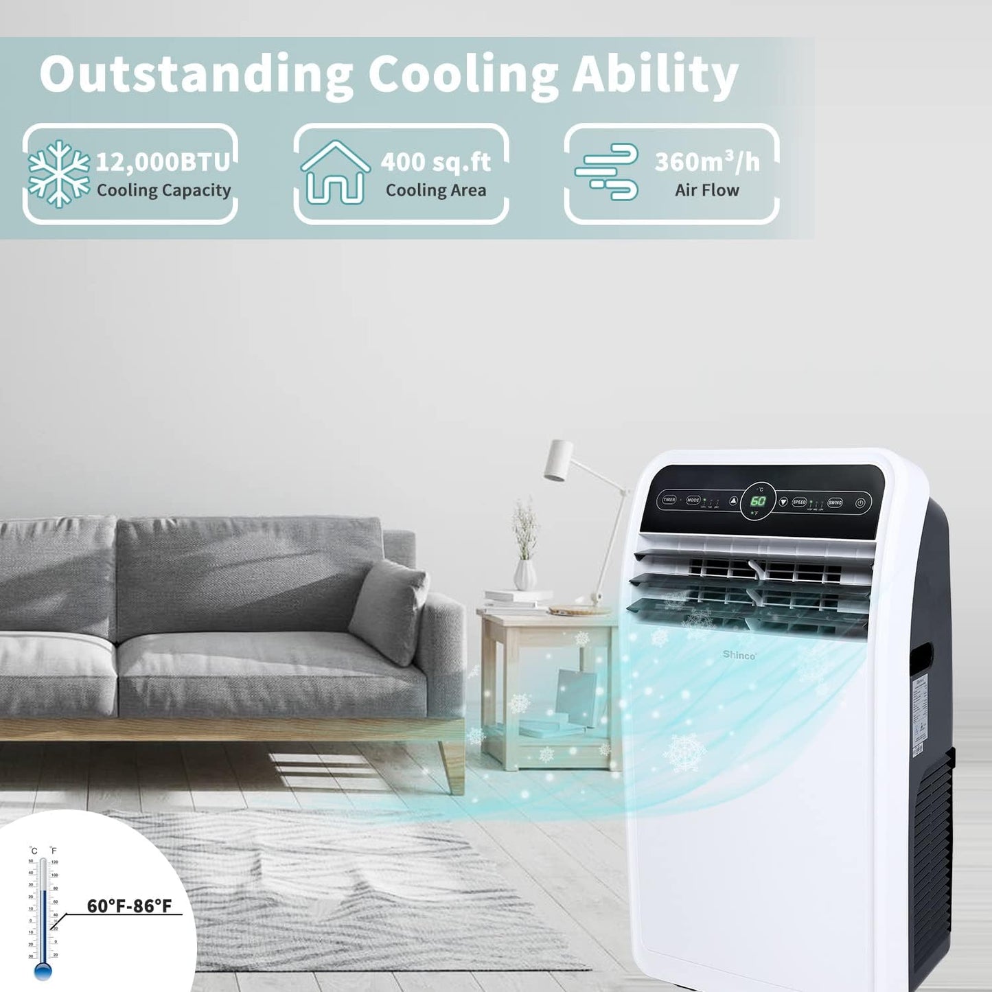 Shinco 12,000 BTU Portable Air Conditioner, Portable AC Unit with Built-in Cool, Dehumidifier&Fan Modes for Room up to 400 sq.ft, with Remote Control, 24 Hour Timer, Installation Kit