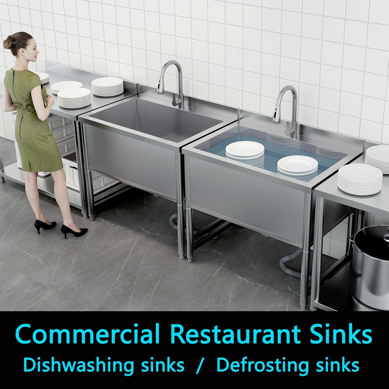 Stainless Steel Commercial Restaurant Sink, Freestanding Large Commercial Sink with Pull-out Faucet for Kitchen Dishwashing, Thawing, Pet Cleaning, Laundry Room, 35 Gallon, 23.6"D x 33.5"W x 36.8"H