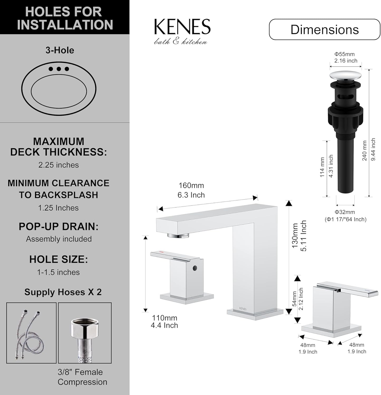 KENES Polished Chrome Widespread Bathroom Faucet 2 Handle Bathroom Sink Faucet 3 Hole, 8-Inch 3 Pieces Vanity Faucet with Pop Up Drain & Supply Lines, KE-9050-5-P