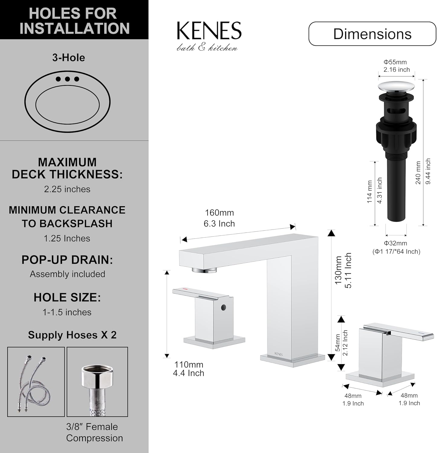 KENES Polished Chrome Widespread Bathroom Faucet 2 Handle Bathroom Sink Faucet 3 Hole, 8-Inch 3 Pieces Vanity Faucet with Pop Up Drain & Supply Lines, KE-9050-5-P