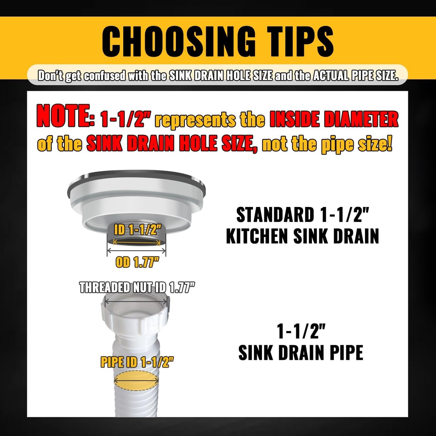 VIVIDA 1-1/2" Sink Drain Pipe Kit, Flexible Drain Pipe P Trap, 7.5"-17.7" Flexible P Trap, Under Sink Plumbing for Bathroom & Kitchen, 1-1/4" Adapter Included, 1 PACK