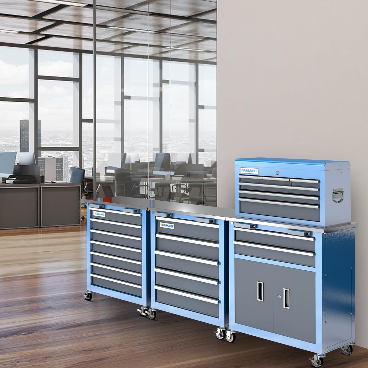 LARBANKE 3 Different Types Tool Chest Combination,Rolling Tool Chest with Stainless Countertop,Tool Cabinet with Connection Buckle,Wheels and Foot Pads,Portable Tool Box Inside