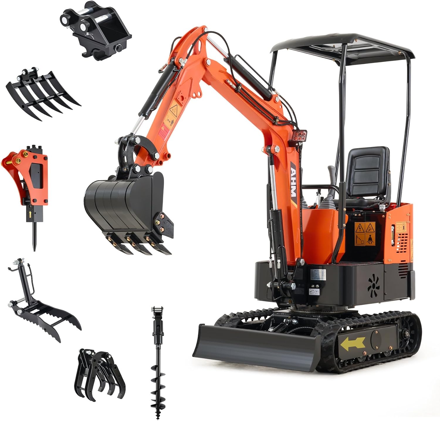 AHM Mini Excavator Machine with Thumb Clip Hammer Auger Rake Grabber Quick Hitch, 1 Ton Mini Trenching Digger Crawler with 13.5 hp EPA Certified Engine for Garden Farm Park Construction Site