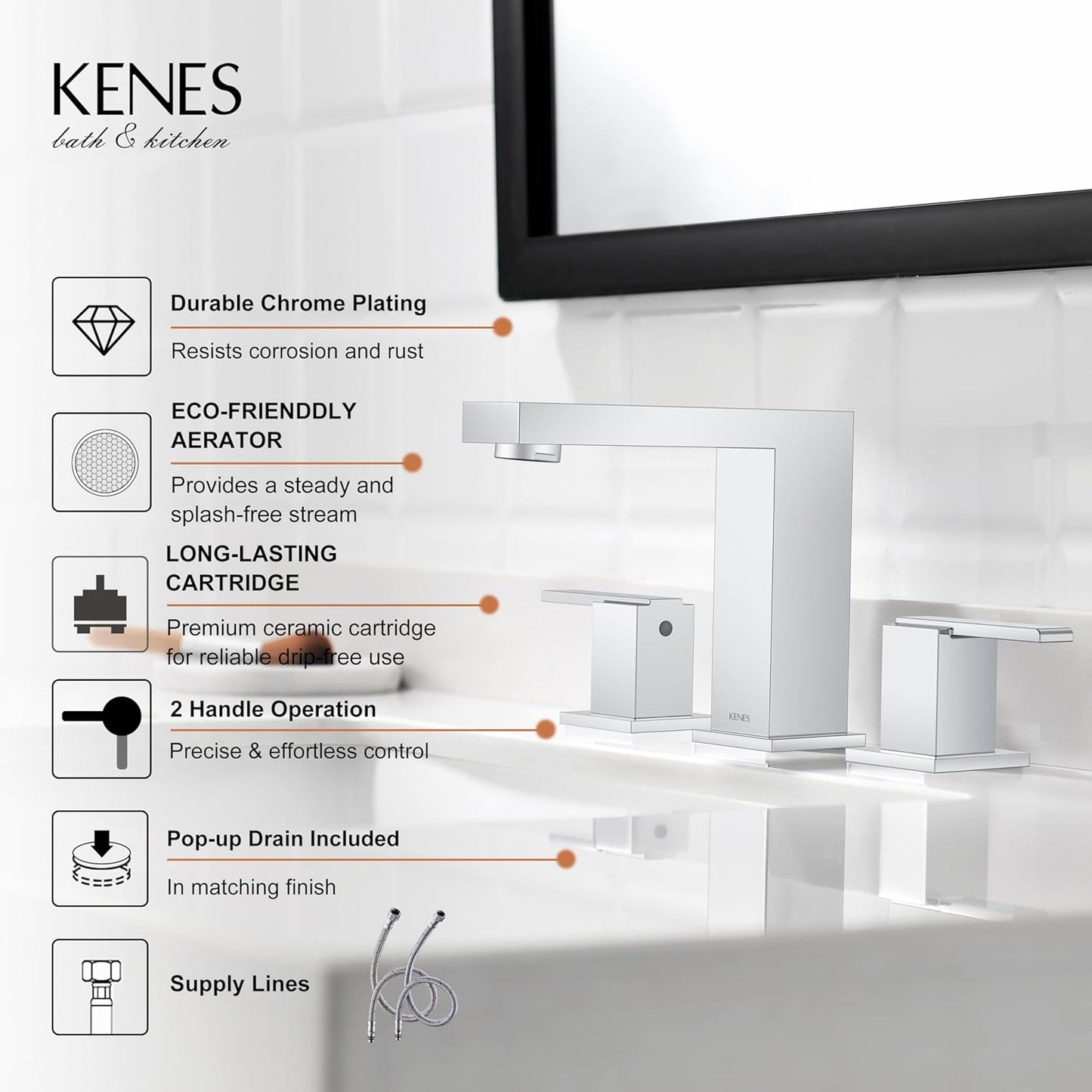 KENES Polished Chrome Widespread Bathroom Faucet 2 Handle Bathroom Sink Faucet 3 Hole, 8-Inch 3 Pieces Vanity Faucet with Pop Up Drain & Supply Lines, KE-9050-5-P