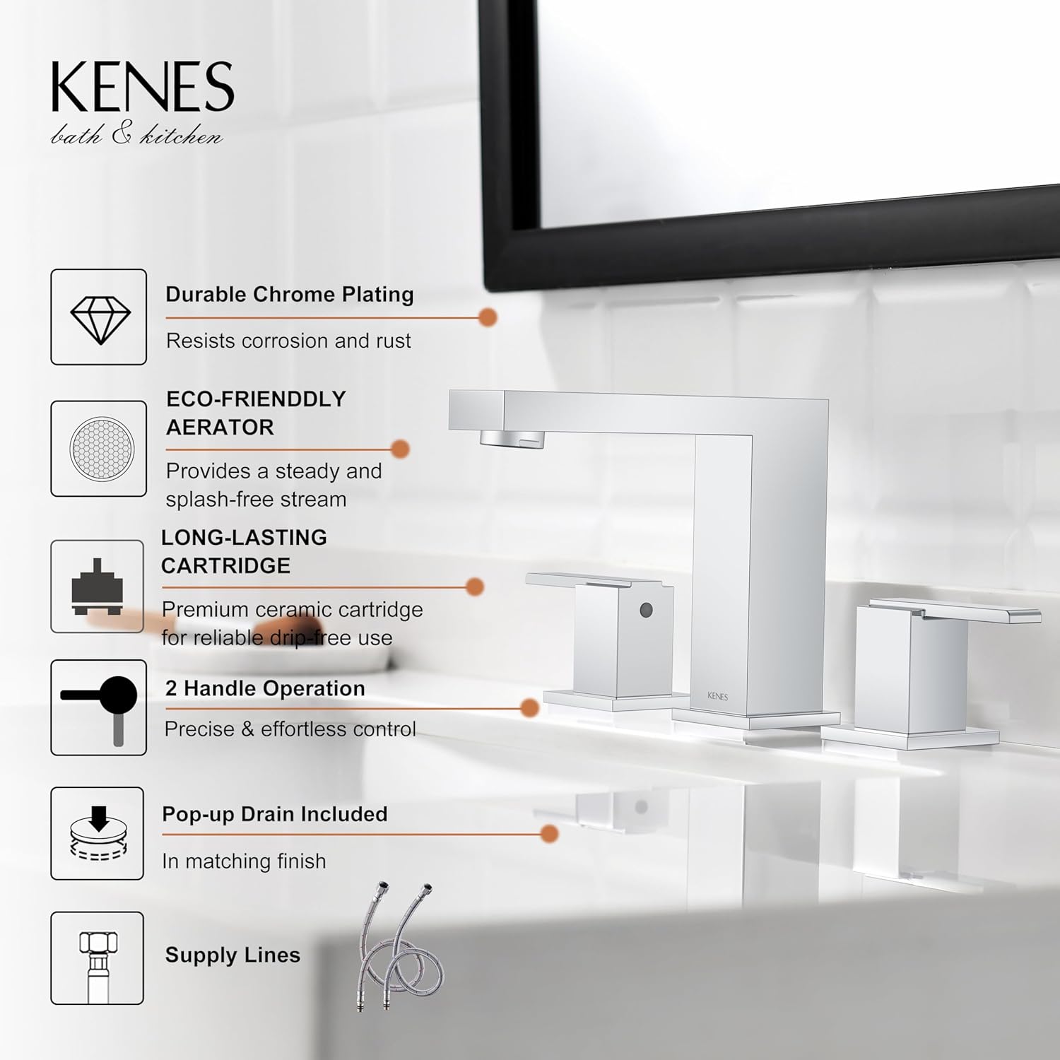 KENES Polished Chrome Widespread Bathroom Faucet 2 Handle Bathroom Sink Faucet 3 Hole, 8-Inch 3 Pieces Vanity Faucet with Pop Up Drain & Supply Lines, KE-9050-5-P