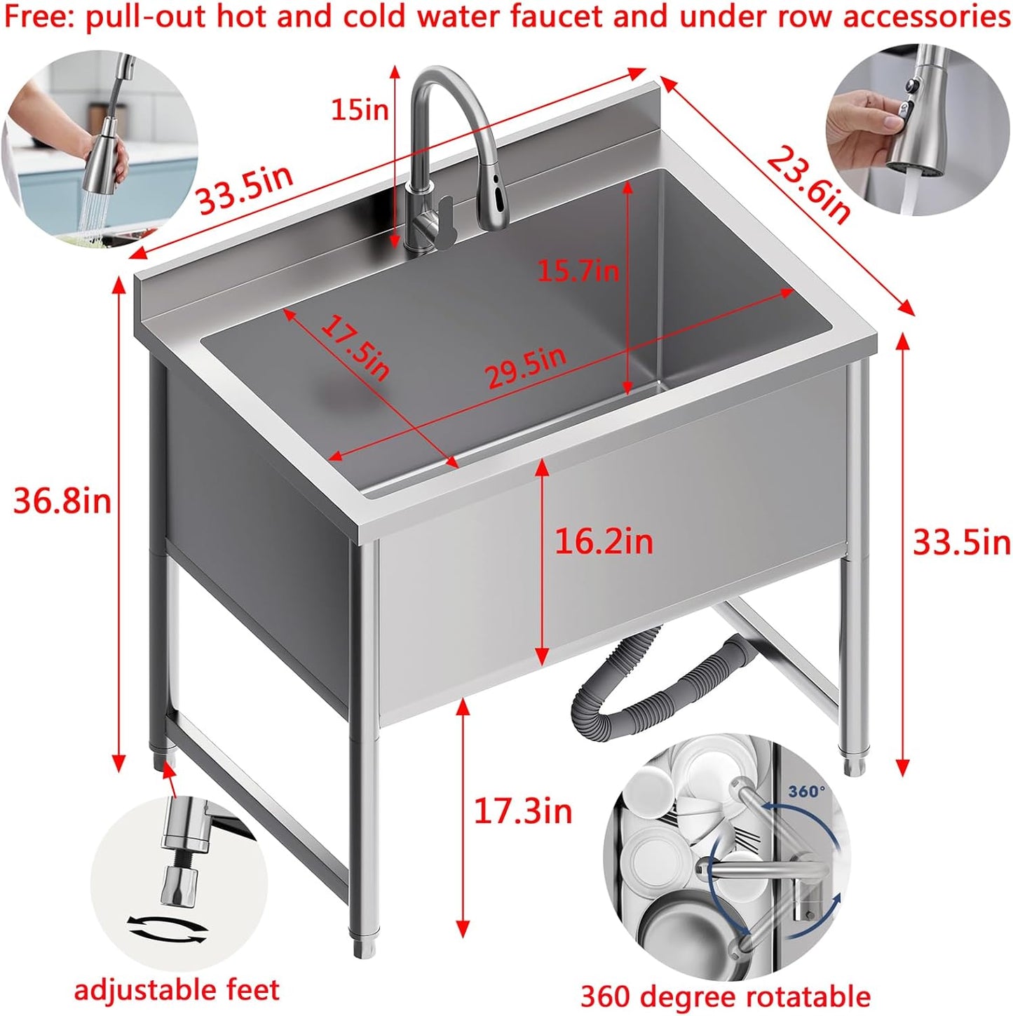 Stainless Steel Commercial Restaurant Sink, Freestanding Large Commercial Sink with Pull-out Faucet for Kitchen Dishwashing, Thawing, Pet Cleaning, Laundry Room, 35 Gallon, 23.6"D x 33.5"W x 36.8"H