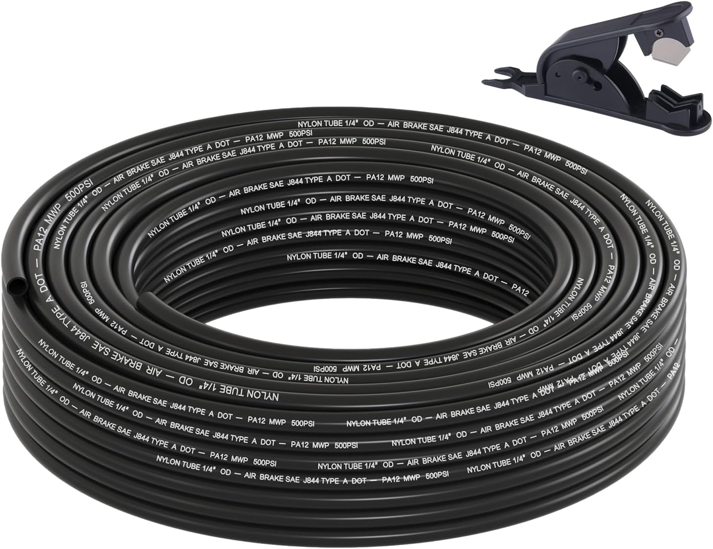 50FT 1/4 DOT Air Line SAE J844 PA12 Nylon Air Hose with Cutter 1/4” OD Pneumatic Tubing DOT Approved 1/4 Air Brake Hose for Air Suspension Kit Truck Trailer Brake System & Fluid Transfer 15.5m