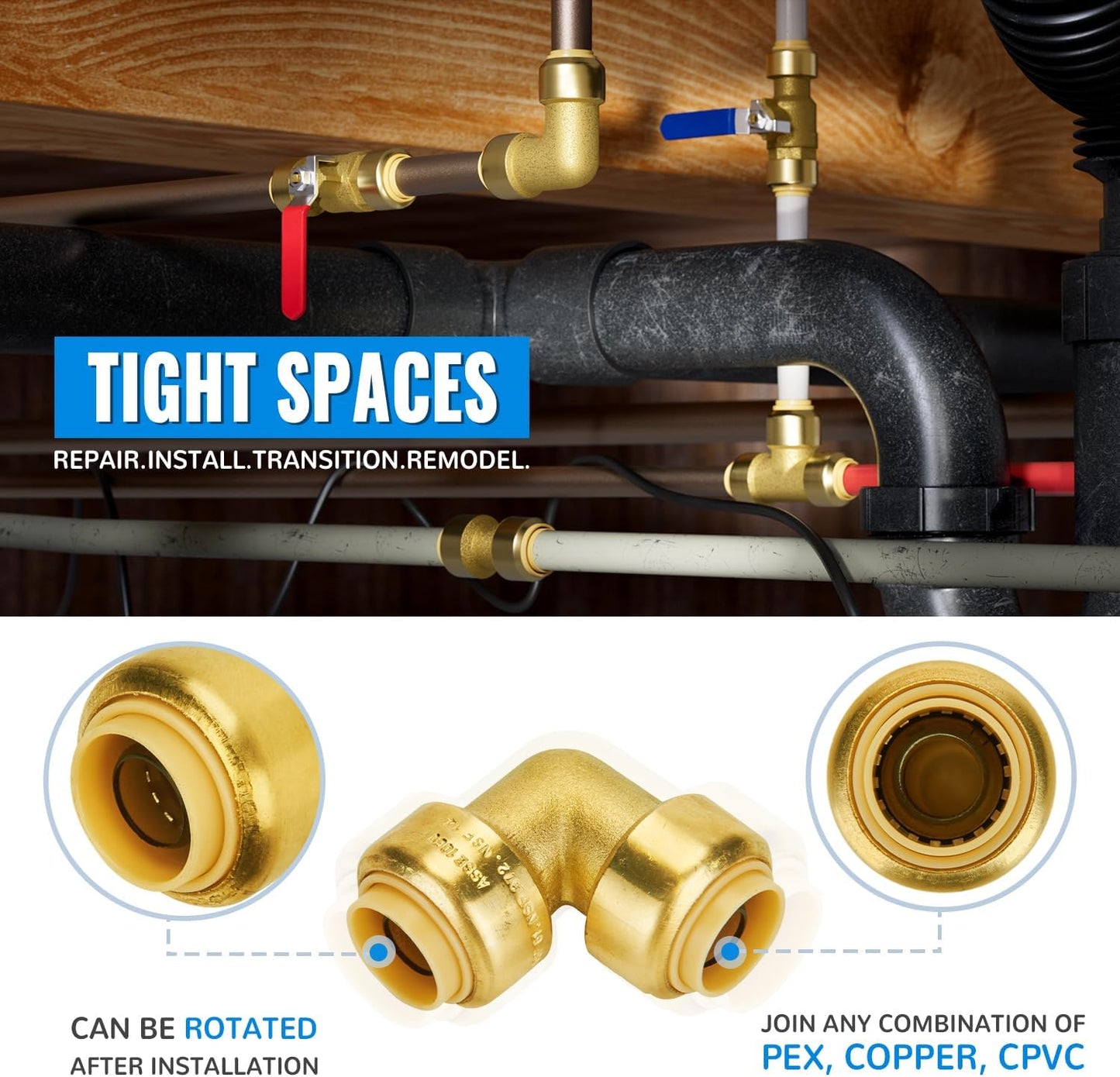 SUNGATOR 1/2 Inch 90 Degree Elbow, Push Pex Elbow 1/2 Inch, No Lead Brass Push-to-Connect Plumbing Fittings for PEX Pipe, Copper, CPVC, with 1 Disconnect Clip, Pack of 12