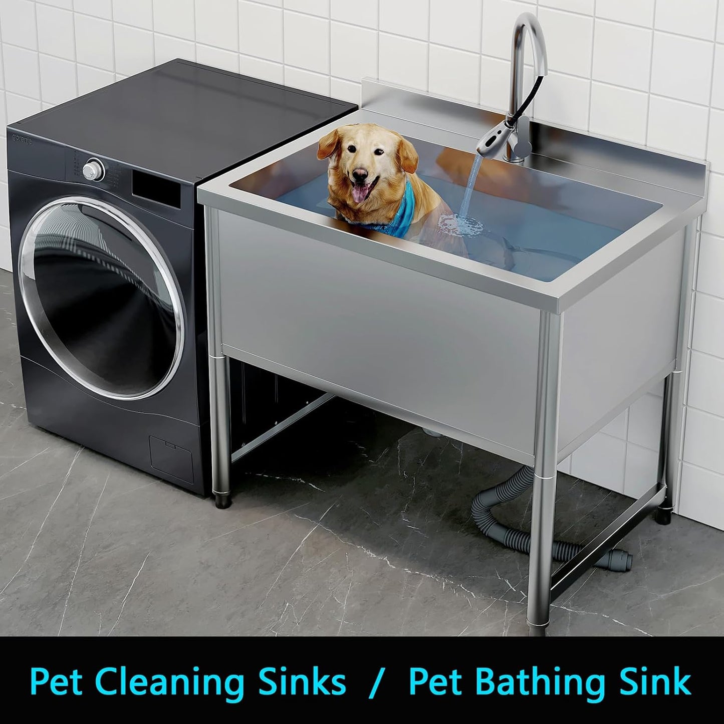 Stainless Steel Commercial Restaurant Sink, Freestanding Large Commercial Sink with Pull-out Faucet for Kitchen Dishwashing, Thawing, Pet Cleaning, Laundry Room, 35 Gallon, 23.6"D x 33.5"W x 36.8"H