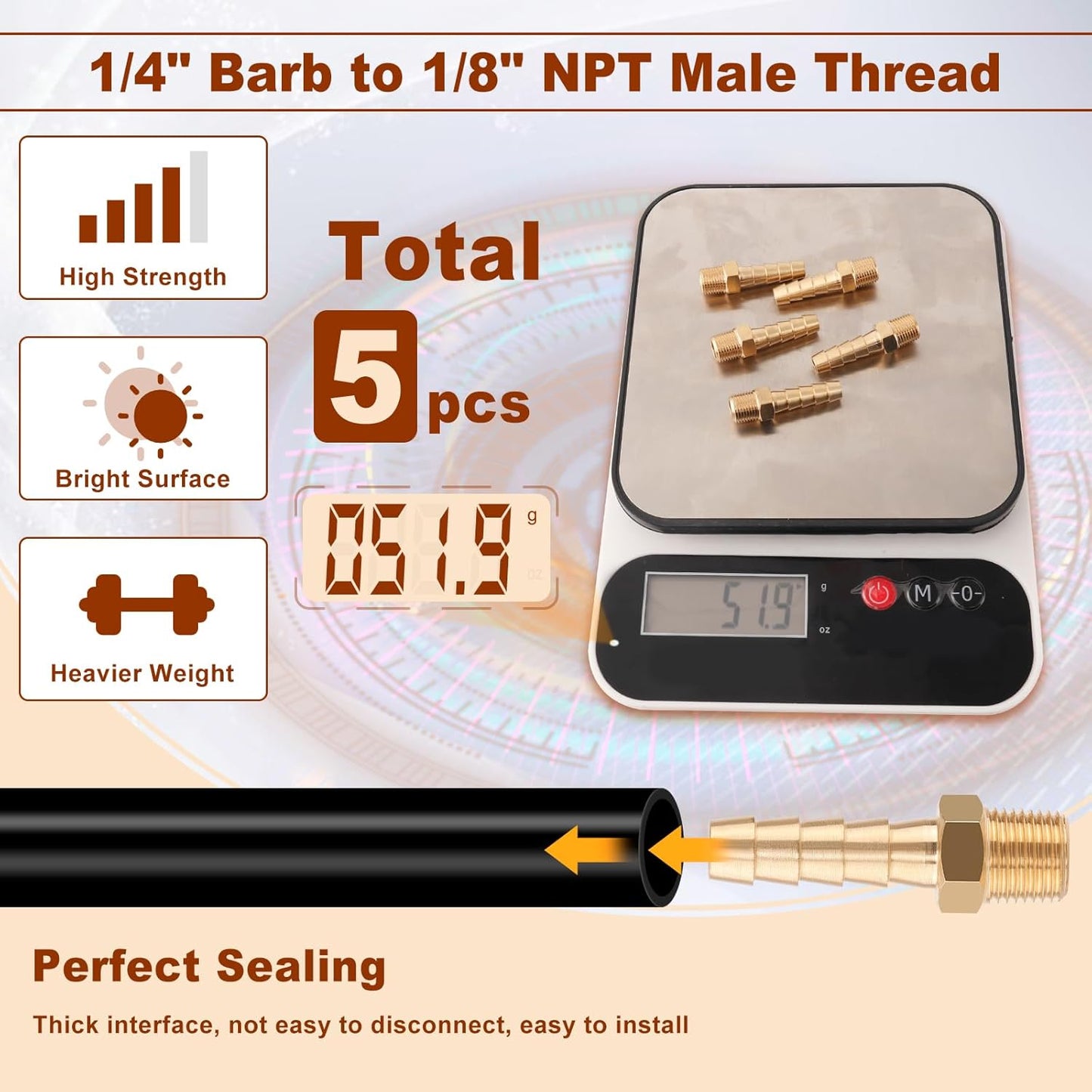 5pcs Brass Hose Barb Fittings 1/4 Inch Barb to 1/8 Inch NPT Male Thread Air Hose Fittings Adapter Connector Water Fuel Air Line Fittings 1/4” Barb × 1/8” NPT Brass Fittings