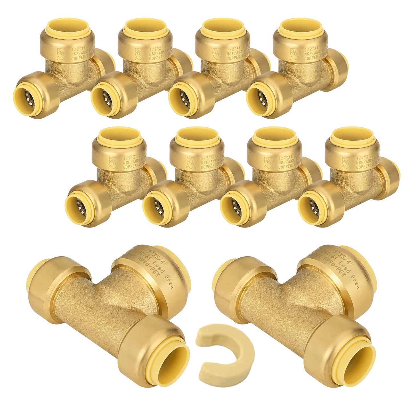5-Pack Niikappu Pushfit Tee, 3/4"x3/4"x1/2" PEX Brass Push-fit Tee, Push to Connect Plumbing Fittings for PEX, Copper, CPVC, with Disconnect Clip(PF127-5)