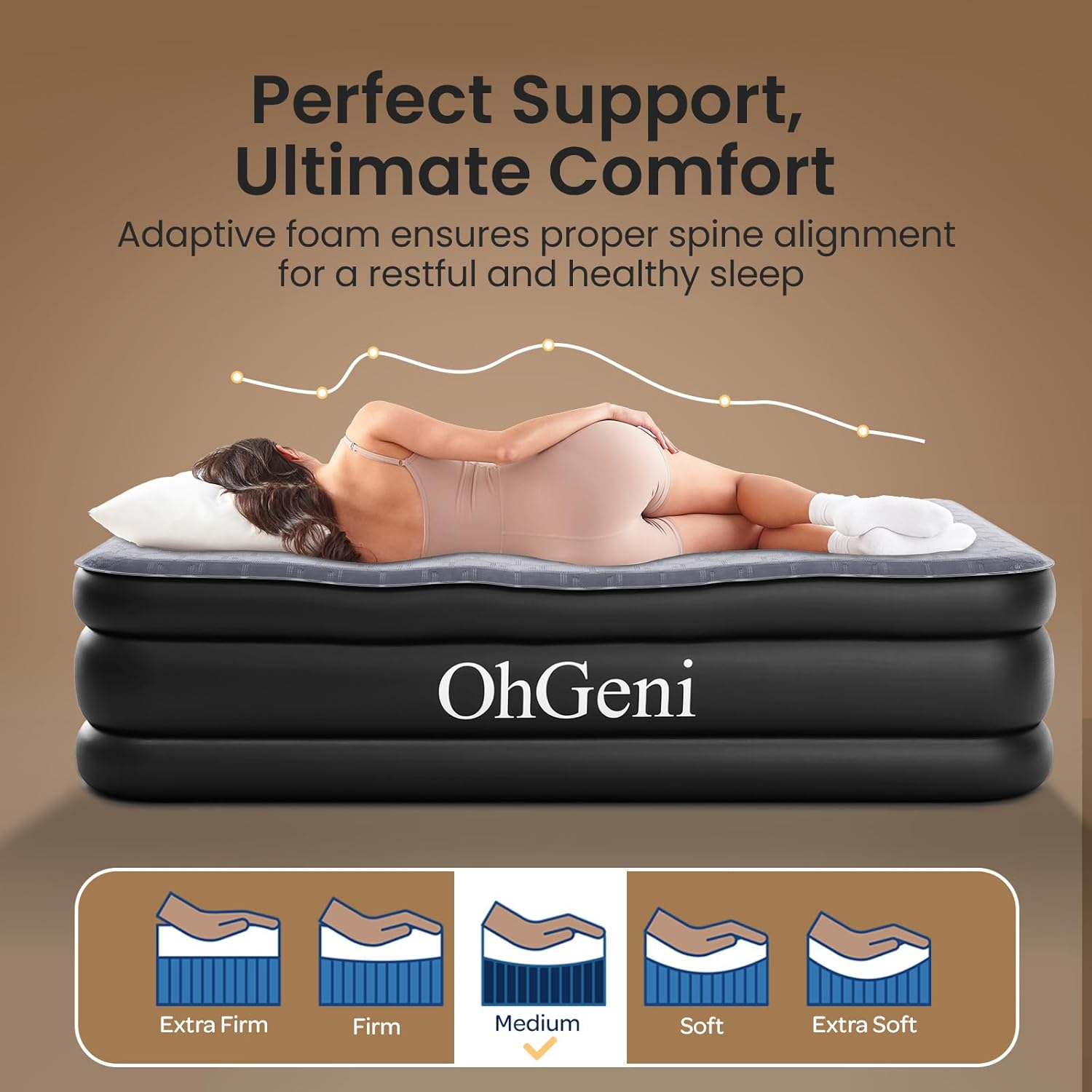 OhGeni 18" Luxury Queen Air Mattress with Built-in Pump & 18" Luxury Twin Inflatable Bed with Silk Foam Topper for Superior Comfort, Blow-Up Mattress for Home, Camping & Guests, Extra Support, Black