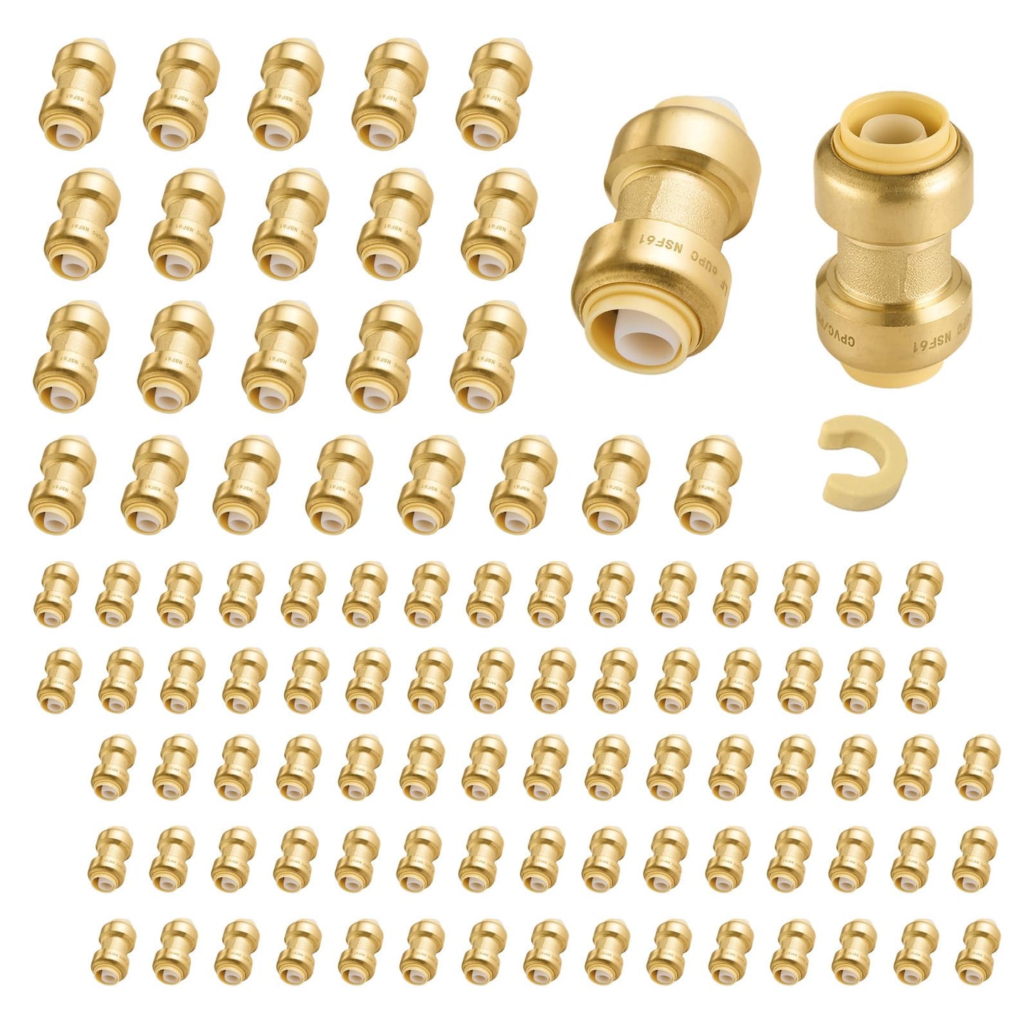 5-Pack Niikappu Push Fit Fittings, 3/4" x 3/4" Brass Plumbing Fittings to Connect PEX, Copper, CPVC, Brass Straight Coupling With Disconnect Clip(PF008-5Pack)