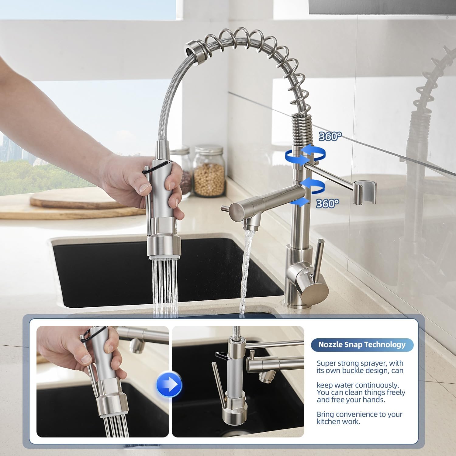 OWOFAN Kitchen Sink Faucet with Pull Down Sprayer, Contemporary Stainless Steel Single Handle Spring Kitchen Faucets Two Outlet with Deck Plate Brushed Nickel