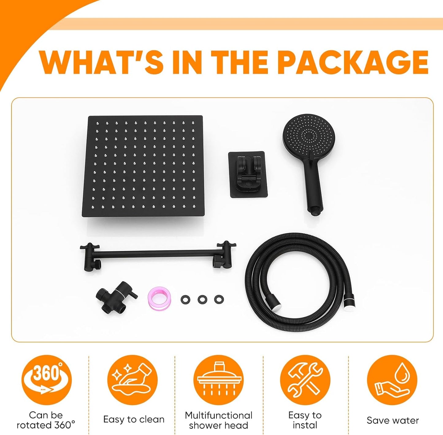 Shower Head Black 10 Inch High Pressure Rain Shower Head with Handheld Spray Combo Adjustable Dual Rainfall Shower Head - Showerhead Comb Set with Extension Arm - 60 Inch Long Shower Hose