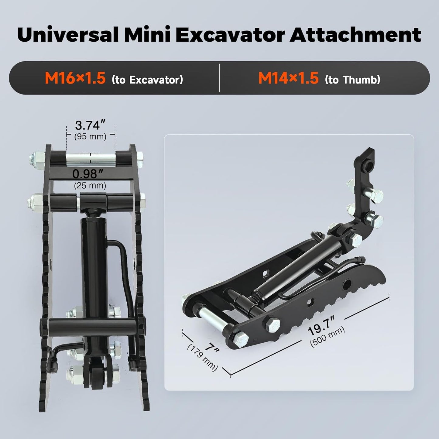 AHM 3-Hole Hydraulic Thumb Clip Attachment, Excavator Thumb Clip with 2 Hydraulic Hoses for Small Diggers up to 2 Tons, Excavator Attachment for Picking up Logs, Rocks and Debris