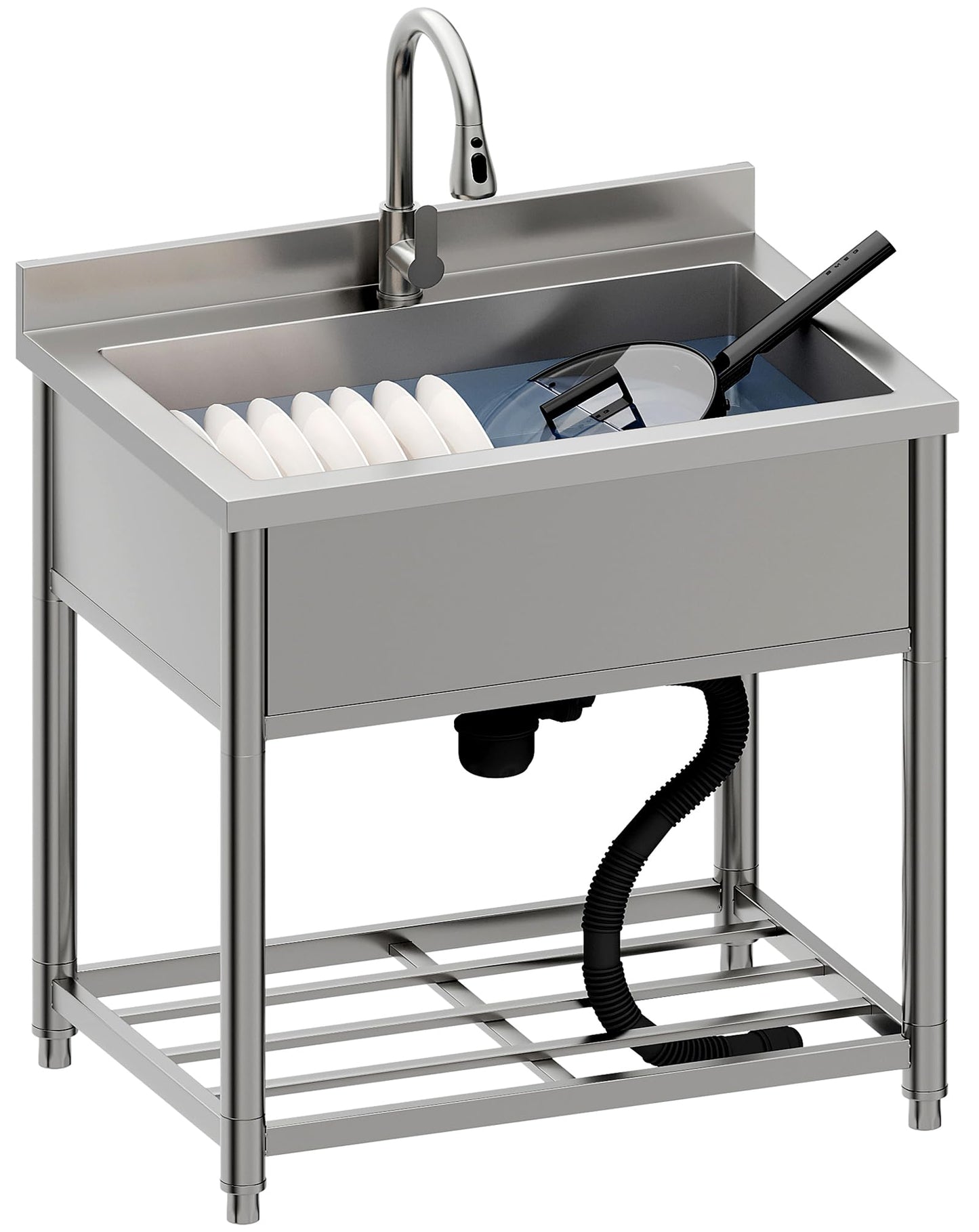 Stainless Steel Utility Sink, Large Freestanding Laundry Sink with Pull-out Faucet for Kitchen, Bathroom, Laundry Room, Garage, Outdoor/Indoor Use, Pet Cleaning, D21.65 x W35.43 x H36.61 inch