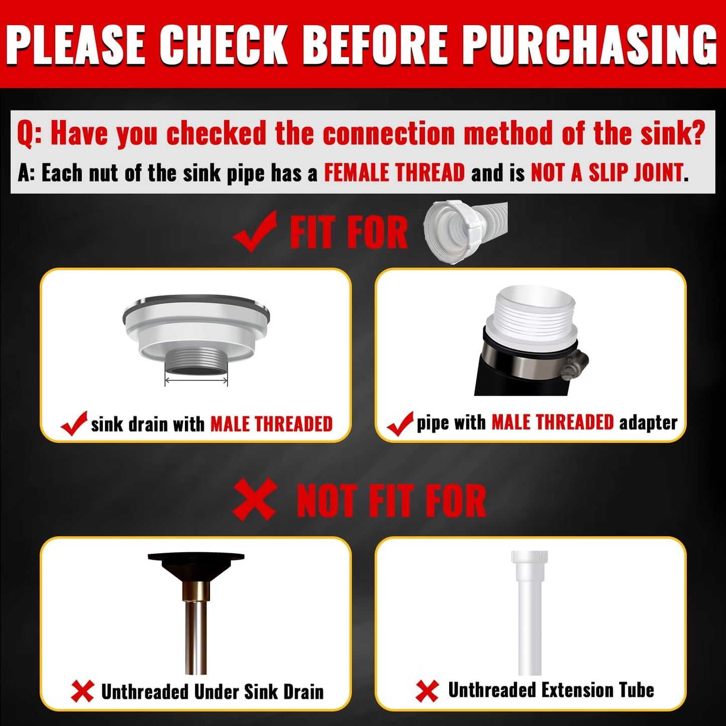 VIVIDA 1-1/2" Sink Drain Pipe Kit, Flexible Drain Pipe P Trap, 7.5"-17.7" Flexible P Trap, Under Sink Plumbing for Bathroom & Kitchen, 1-1/4" Adapter Included, 1 PACK