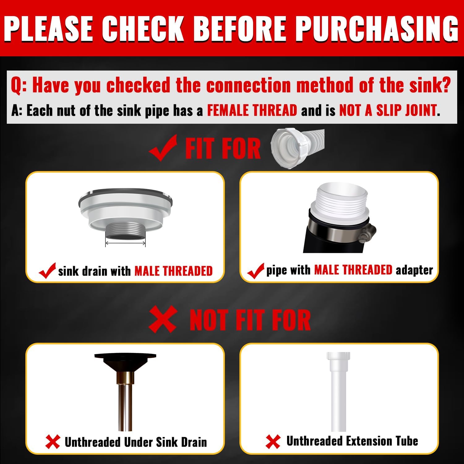 VIVIDA 1-1/2" Sink Drain Pipe Kit, Flexible Drain Pipe P Trap, 7.5"-17.7" Flexible P Trap, Under Sink Plumbing for Bathroom & Kitchen, 1-1/4" Adapter Included, 1 PACK