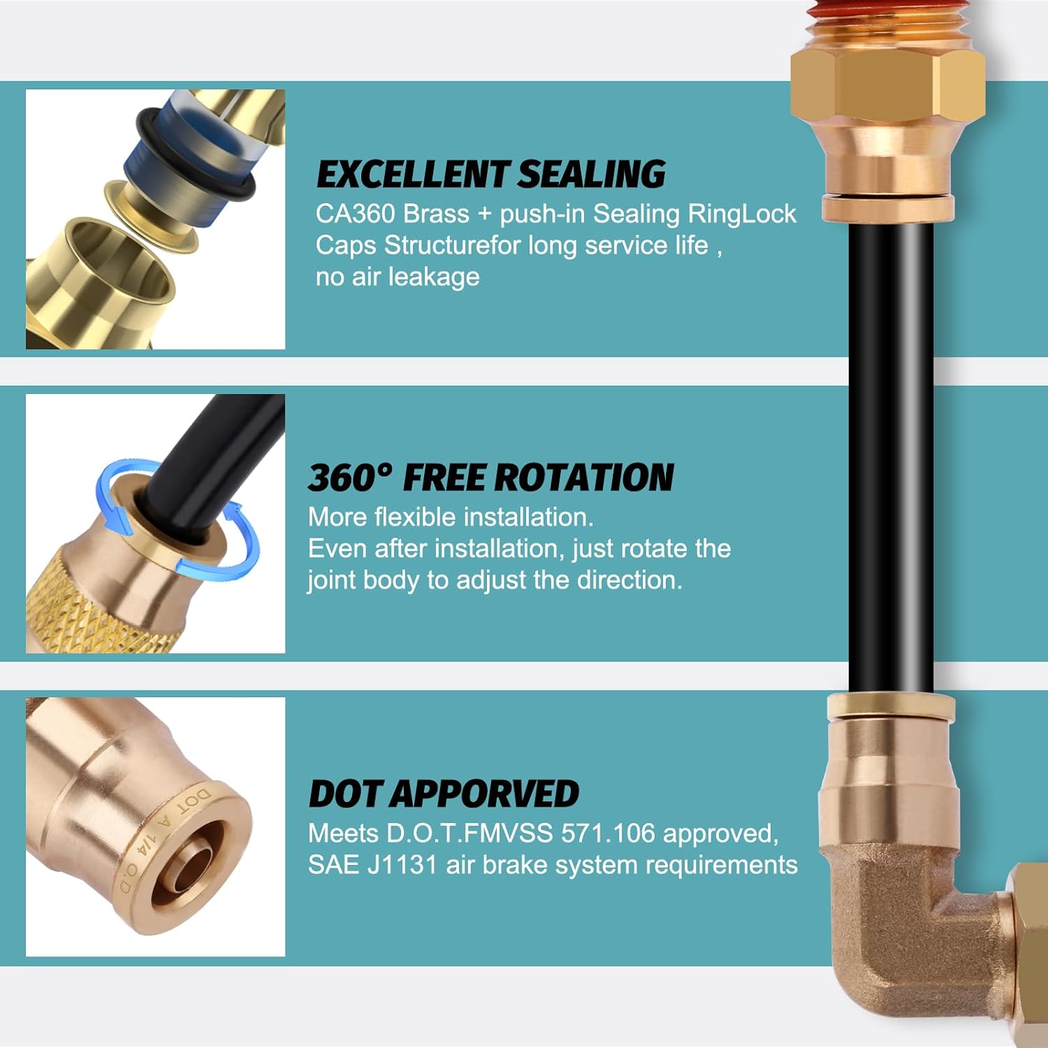 50FT 1/4 Air Hose Brass Fittings Kit 11pcs 1/4" OD Quick Push to Connect DOT Brass Fittings 1/4 SAE J844 PA12 Nylon Air Line Tubing with Cutter for Air Suspension Kit Truck Trailer Brake System
