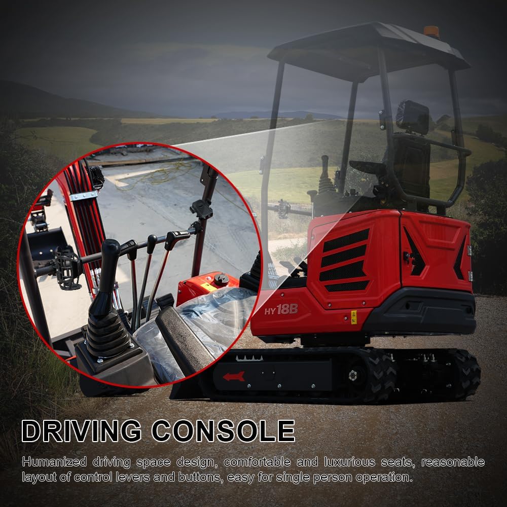 HY18B 2T Mini Excavator, KubotaDiesel 14HP, w/Pilot Controls Side Swing Boom for Construction Landscaping, Includes Hydraulic Thumb & Semi-Auto Quick Coupler, Includes delivery & unloading services