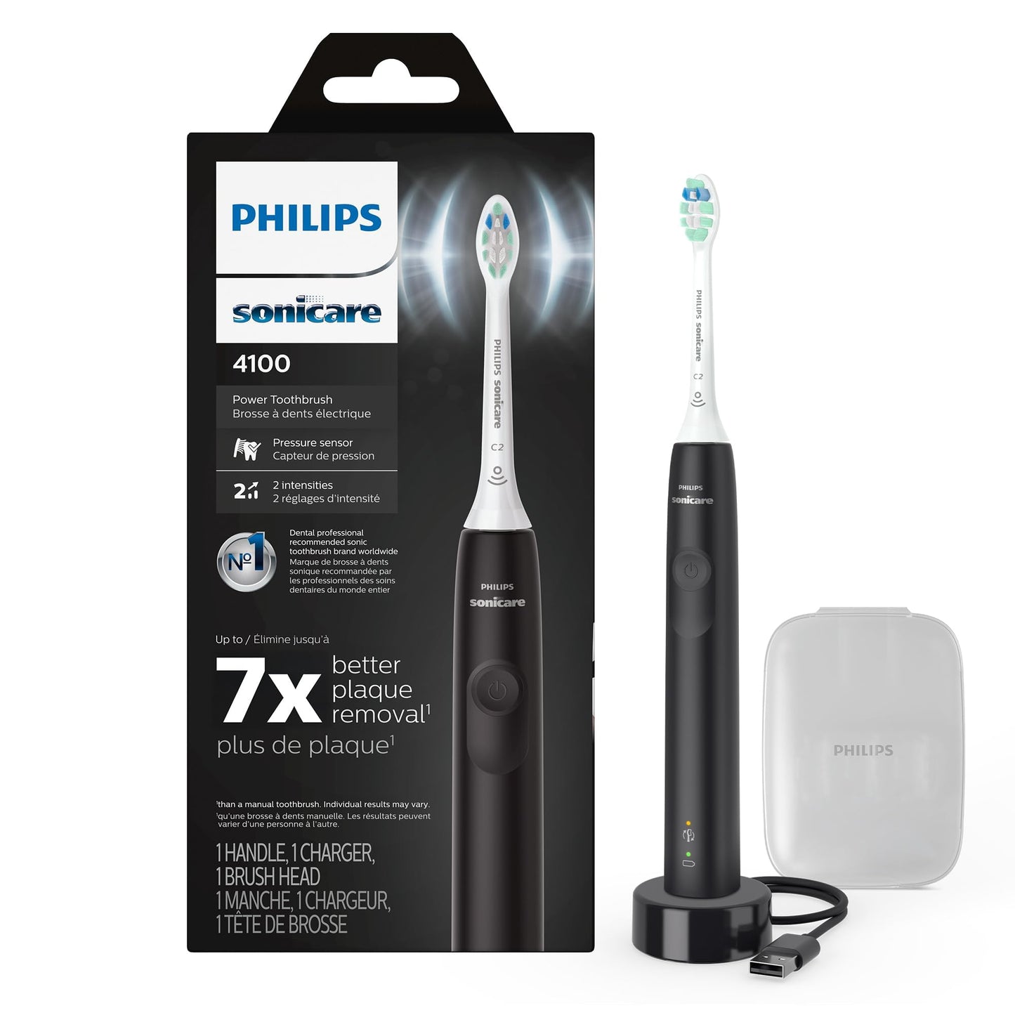 Philips Sonicare 4100 Rechargeable Electric Toothbrush, with Pressure Sensor, 2 Intensity Settings, SmarTimer and QuadPacer, 14-Day Battery Life, White, Model HX3681/23