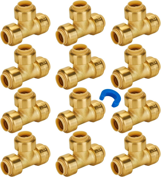 SUNGATOR 1/2 Inch Tee, Push Pex Tee Plumbing Fittings 1/2 Inch, No Lead Brass Push-to-Connect T Plumbing Fittings for PEX Pipe, Copper, CPVC, with 1 Disconnect Clip, Pack of 12