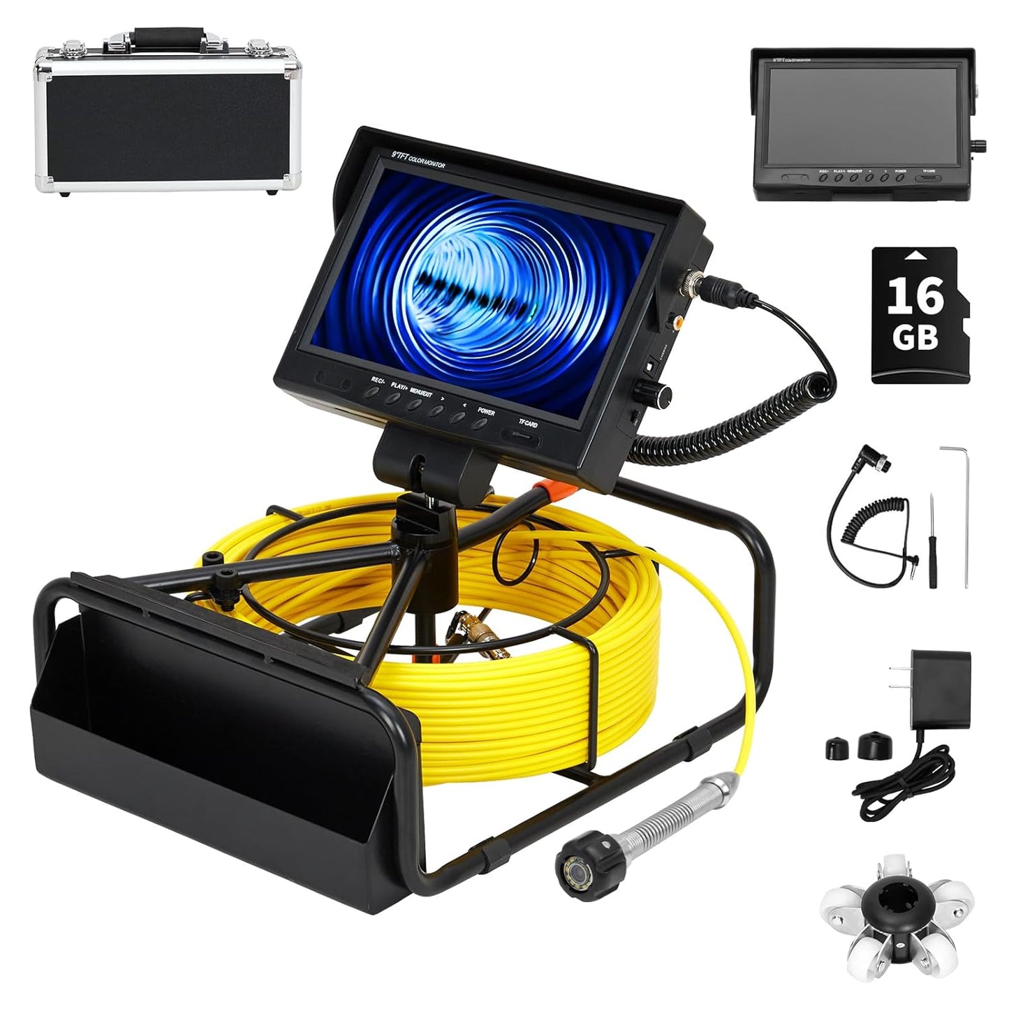 Sewer Camera 98.4FT, 9" 1080P Color LCD with DVR, Drain Plumbing Camera with Waterproof IP68 23MM Stainless-Steel Probe, 12 LEDs, 16GB Card & Aluminum Carry Case – for Pipe & HVAC Inspection
