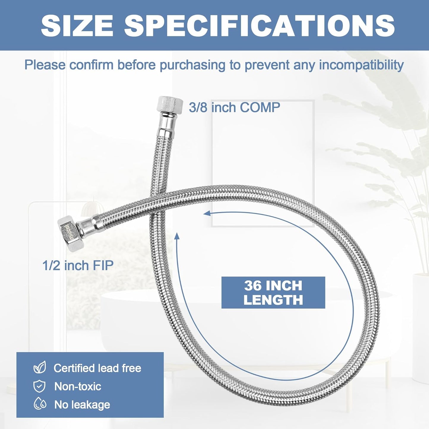 [10-Pack 36 Inch] 1/2" FIP x 3/8" COMP Faucet Supply Lines, Bathroom Faucet Hose Connector, 304 Stainless Steel Braided Water Supply Line