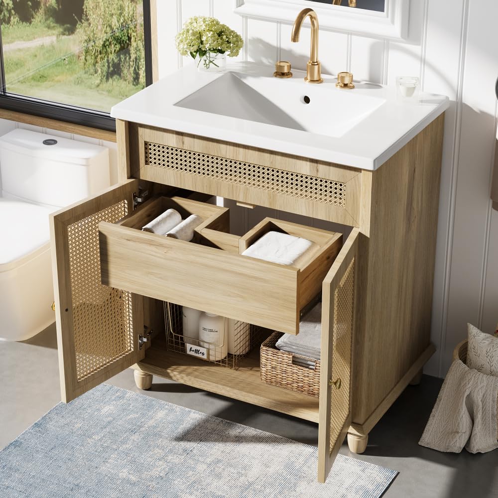 30-Inch Walnut Bathroom Vanity with Shell-Shaped Sink, Flip-Up Storage & Soft-Close Doors, 2 Tier Storage Cabinet, Ample Capacity,Modern Farmhouse Design – Small & Medium Bathrooms