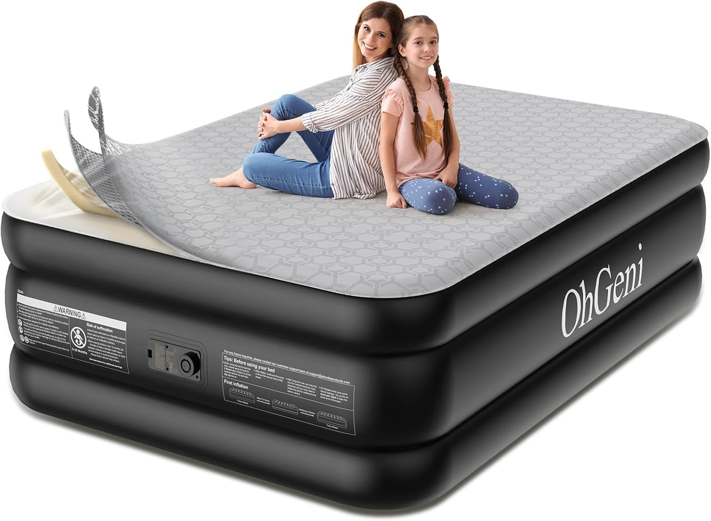 OhGeni 18" Luxury Queen Air Mattress with Built-in Pump & 20" Luxury Full Inflatable Bed with Silk Foam Topper for Superior Comfort, Blow-Up Mattress for Home, Camping & Guests, Extra Support, Black