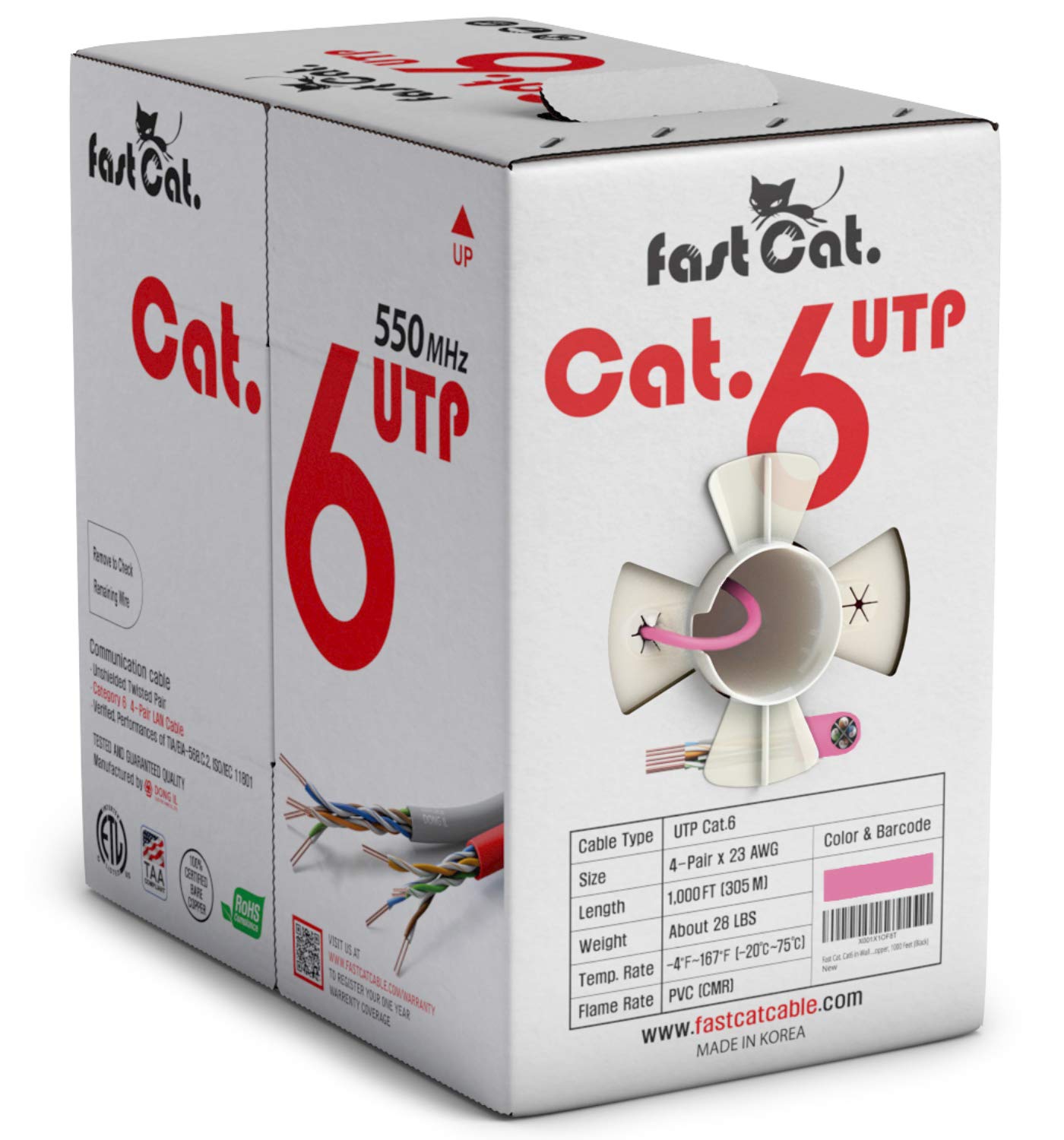 Fast Cat. Cat6 Ethernet Cable 1000ft - 23 AWG, CMR, Insulated Solid Bare Copper Wire Cat 6 Cable PoE++ (4PPoE), ETL Listed, 550MHZ / 10 Gigabit Speed UTP LAN Cat6 Cable 1000ft (White)