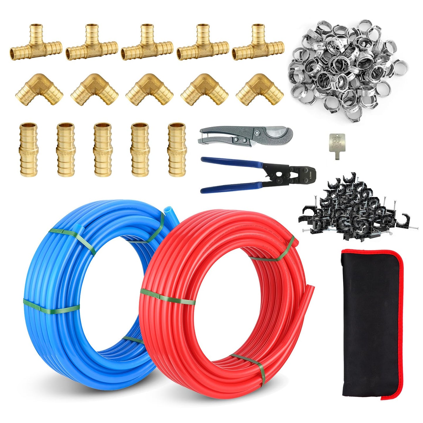 3/4 Inch Niikappu Blue & Red PEX-B Pipe, 2 x 100 Ft (200 Ft) Pex B Tubing with a Pipe Cutter, 30PCS Fittings & 100PCS Rings(149AB4)