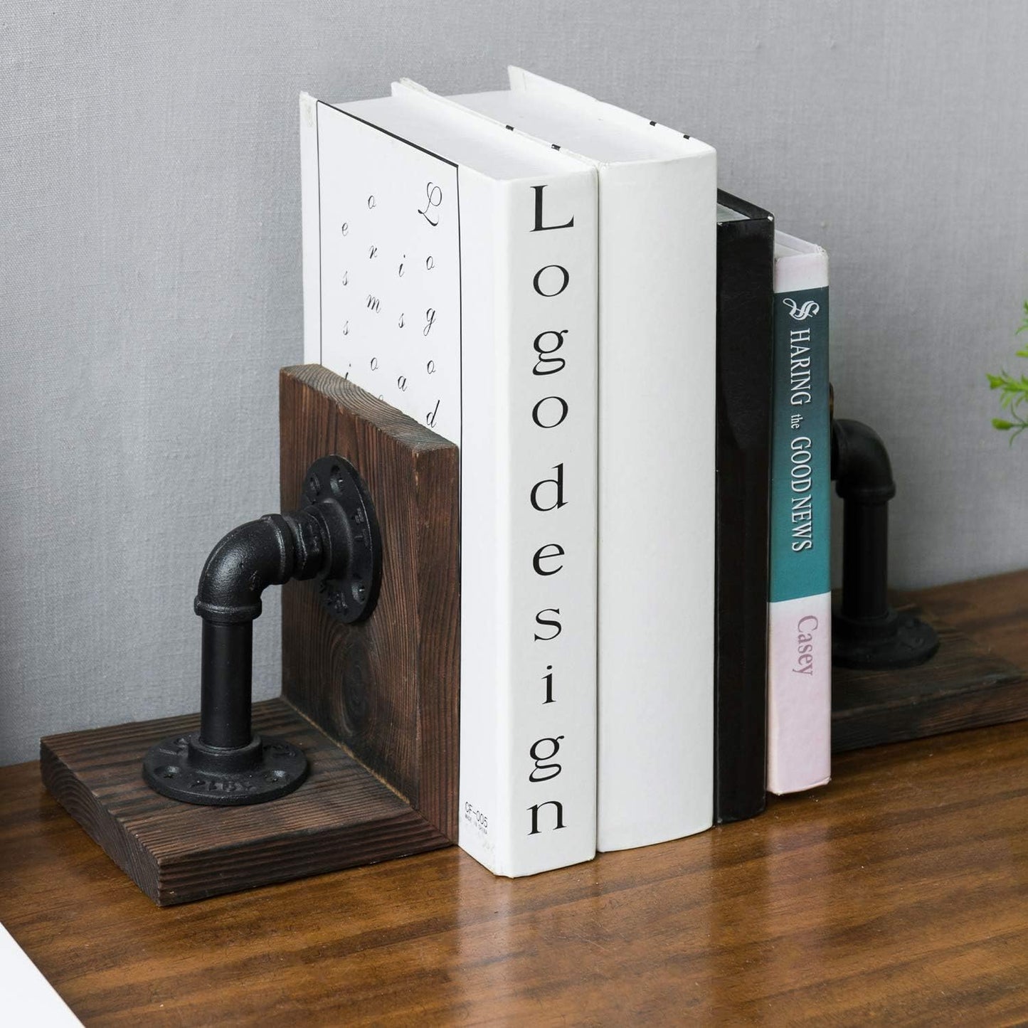 MyGift Book Ends,Bookends for Shelves,Metal Bookends for Heavy Books,Wood Decorative Book Stopper,with Realistic Industrial Pipe Design,Dark Brown Book End for Home Office
