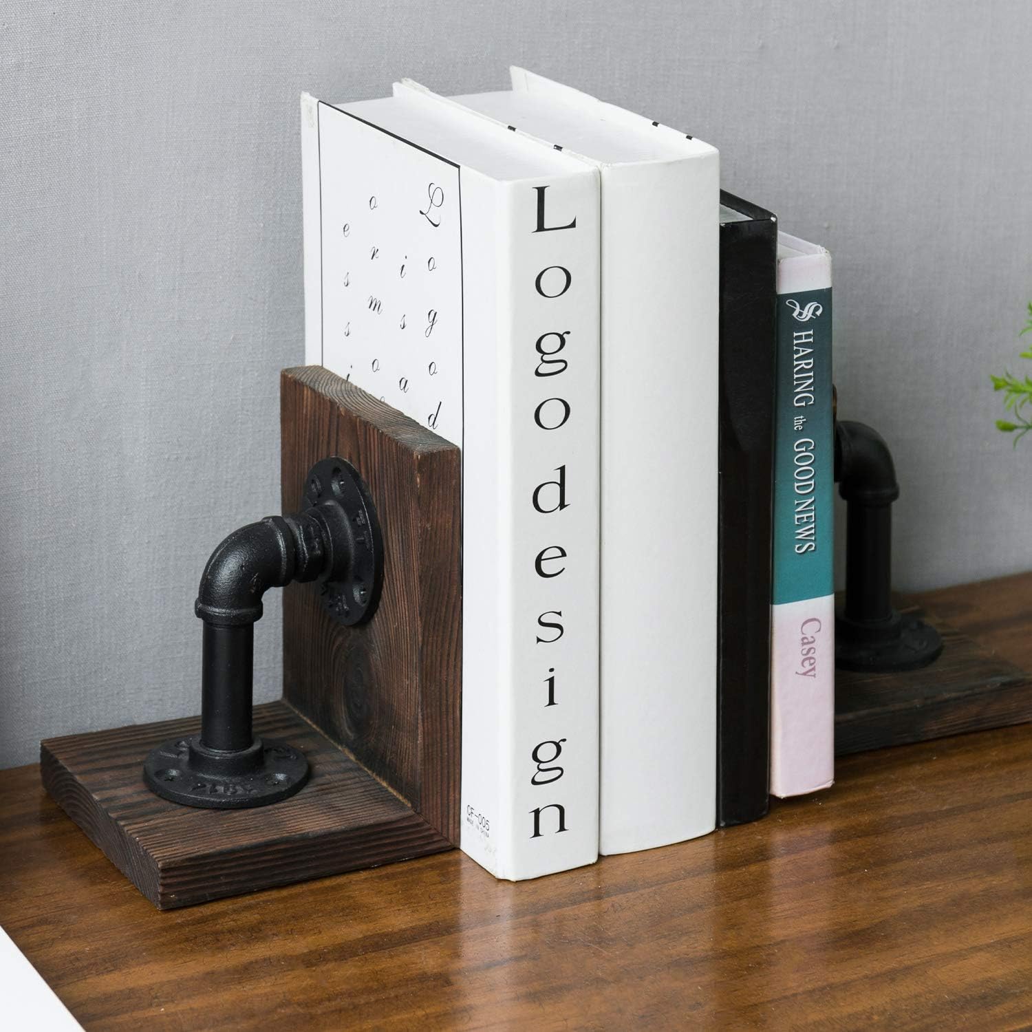 MyGift Book Ends,Bookends for Shelves,Metal Bookends for Heavy Books,Wood Decorative Book Stopper,with Realistic Industrial Pipe Design,Dark Brown Book End for Home Office