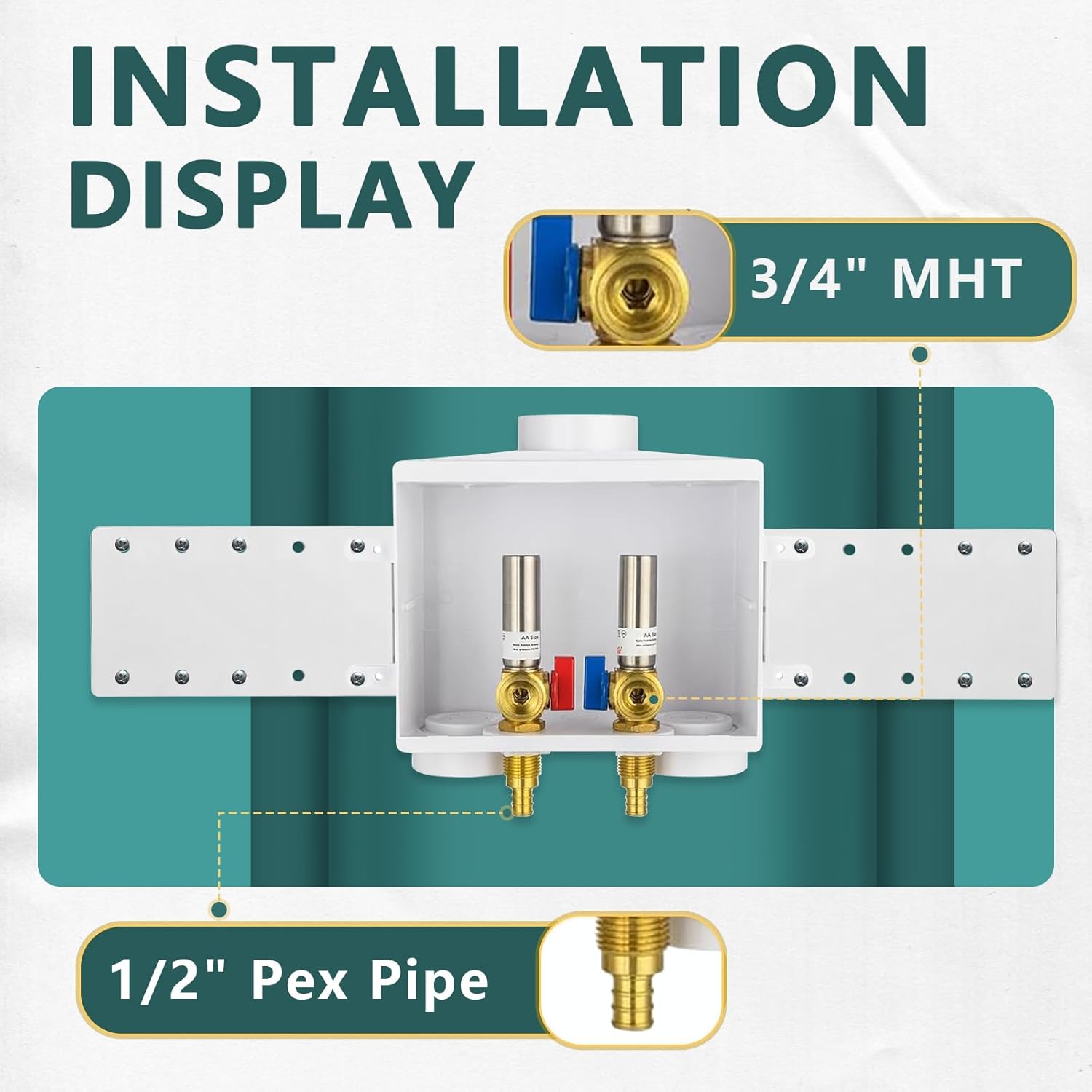 Washing Machine Outlet Box, Niikappu 1/2 Inch Pex Crimp Inlet x 3/4 Inch MHT Outlet Connection, Washer Box with Double Drains, with Stainless Steel Water Hammer Arrestor